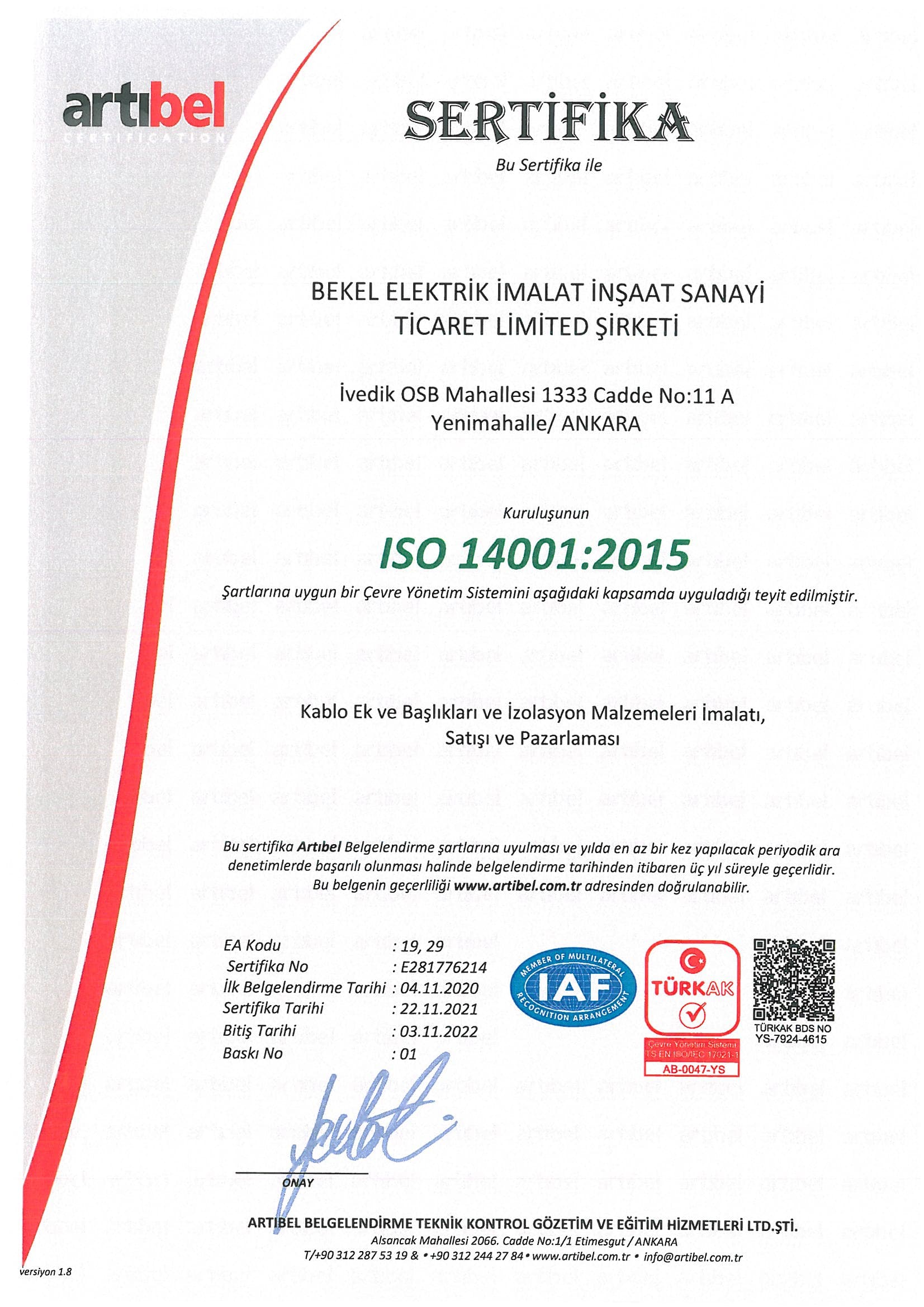 ISO 14001:2015 Çevre Yönetim Sistemi Sertifikası