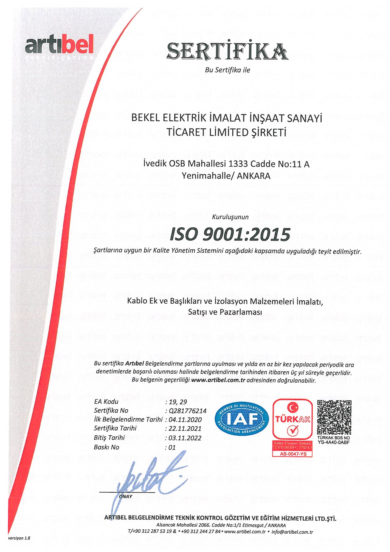 ISO 9001:2015 Kalite Yönetim Sistemi Sertifikası